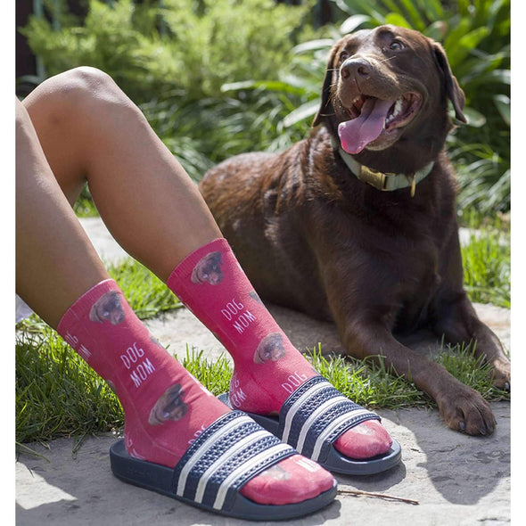 Super cute dog mom socks custom printed and personalized using your own photo cropped into the design and digitally printed on cotton crew socks makes a great gift for your dog mom loving sister.