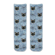 Amazing blue denim background print with the text bubble saying meow coming out of your own provided photo we digitally print on cotton crew socks.