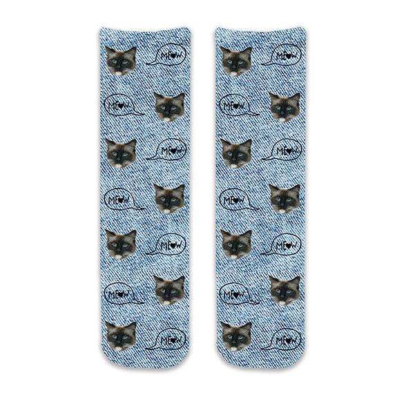Amazing blue denim background print with the text bubble saying meow coming out of your own provided photo we digitally print on cotton crew socks.
