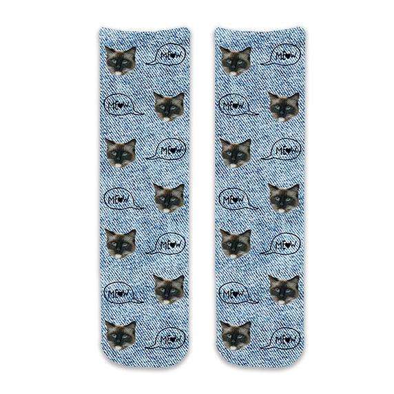 Amazing blue denim background print with the text bubble saying meow coming out of your own provided photo we digitally print on cotton crew socks.
