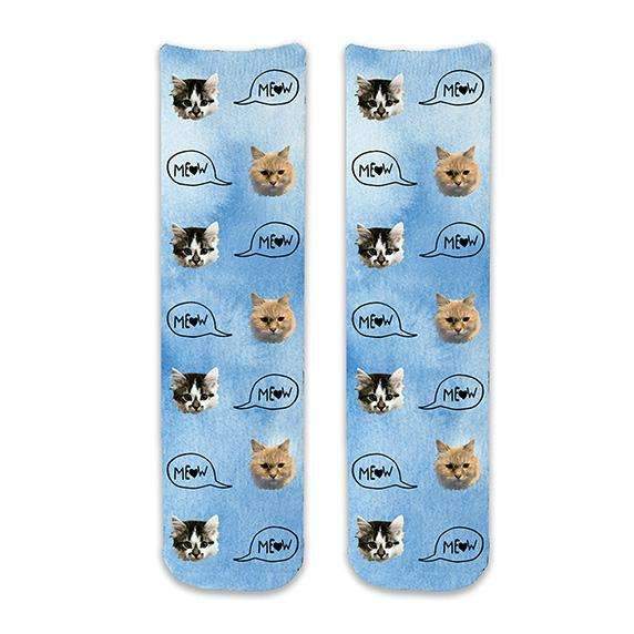 Custom printed blue wash background printed on cotton crew socks with our own photo faces in all over design with meow text bubble.