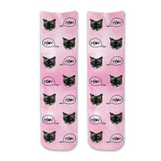 Custom printed cat face photo socks using your own photos printed in all over design on pink wash background and meow text bubble digitally printed on cotton crew socks.