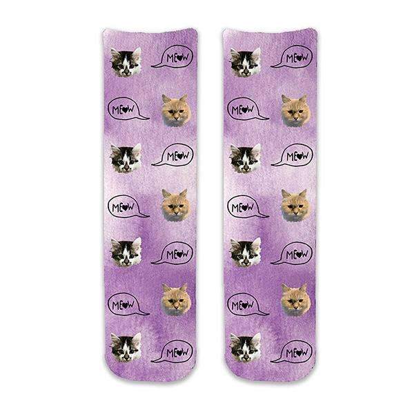 Custom printed cat face photo socks using your own photos printed in all over design on purple wash background and meow text bubble digitally printed on cotton crew socks.