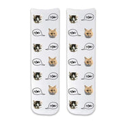 Custom printed cat face photo socks using your own photos printed in all over design on white background and meow text bubble digitally printed on cotton crew socks.