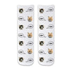 Custom printed cat face photo socks using your own photos printed in all over design on white background and meow text bubble digitally printed on cotton crew socks.
