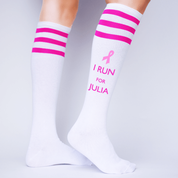 Custom printed knee high socks with pink stripes.