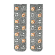 Use photos of your cat or any animal to create custom photo socks for gift giving, add the animals name with I love name printed in all over design on cotton crew socks with black granular background.