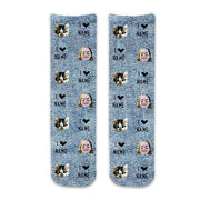 Fun photo socks digitally printed using pets and faces cropped into the design and printed all over with a blue denim background on cotton crew socks make a great gift for any celebration or just because!