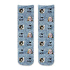 Fun photo socks digitally printed using pets and faces cropped into the design and printed all over with a blue denim background on cotton crew socks make a great gift for any celebration or just because!