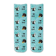 Fun photo socks with faces cropped in all over the socks with a turquoise wash background and I love with name digitally printed make the perfect gift for valentines day or any gift giving occasion.