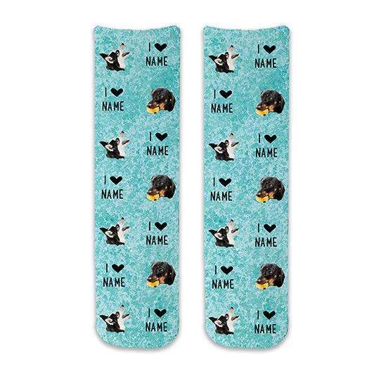 Fun photo socks with faces cropped in all over the socks with a turquoise wash background and I love with name digitally printed make the perfect gift for valentines day or any gift giving occasion.