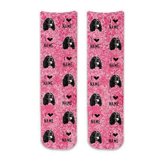 Custom printed photo face socks using your own photo cropped and printed on pink wash background on white cotton crew socks make a great gift for valentines day or any special day or in support of breast cancer awareness!