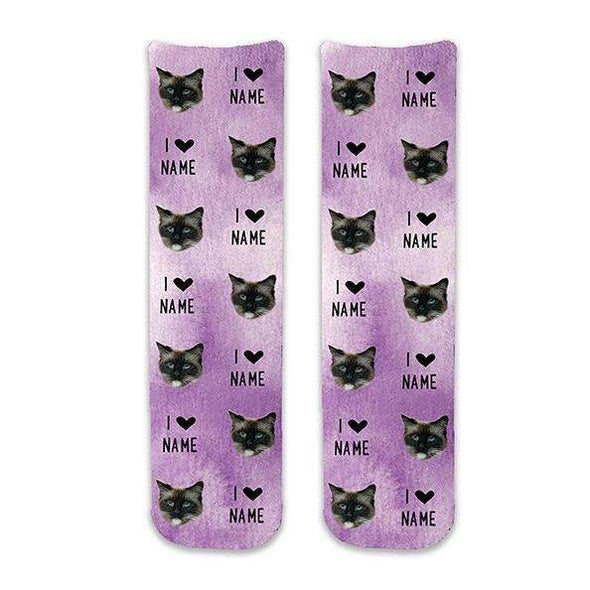 Custom printed photo face socks with your animal or persons face printed all over with text on purple wash background on cotton crew socks.
