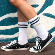 Delta Phi Epsilon custom printed on white cotton striped crew socks