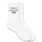 Personalized white crew socks for dad with the established date added to the design