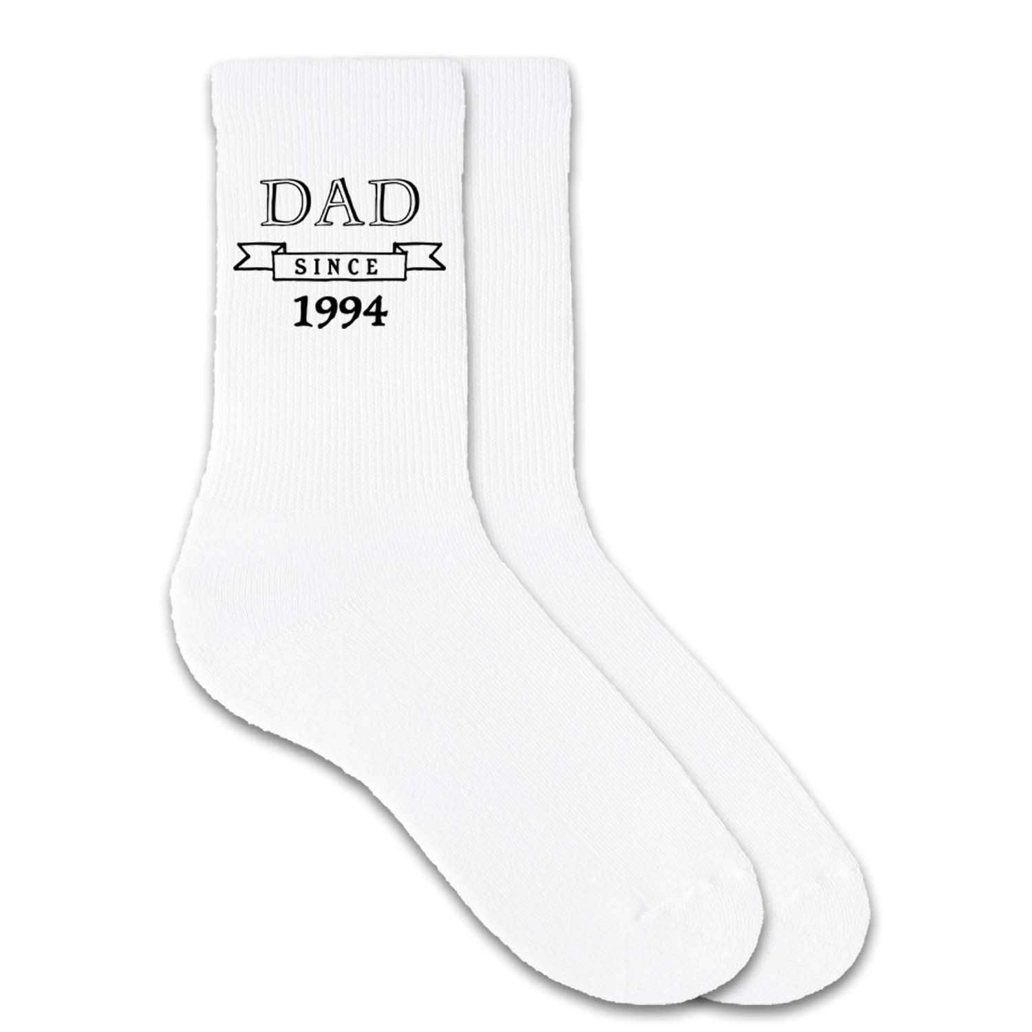 Personalized white crew socks for dad with the established date added to the design