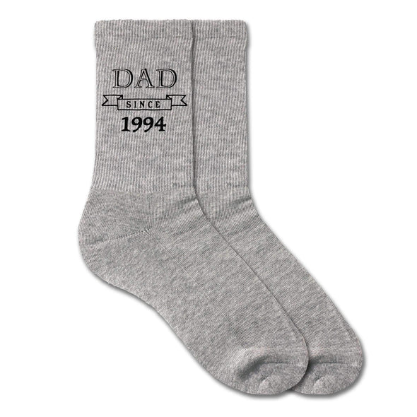 Personalized heather gray crew socks for dad with the established date added to the design