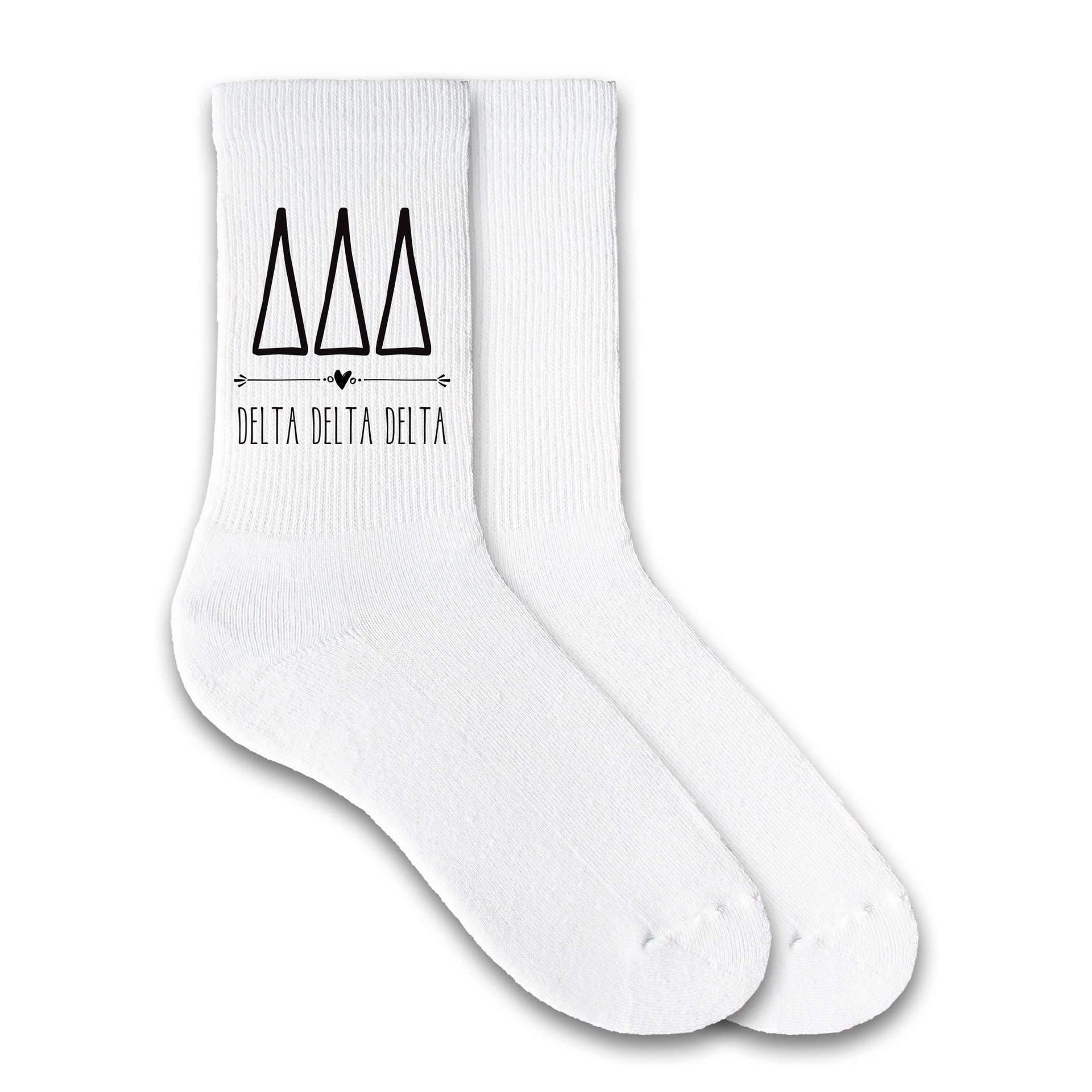 Delta Delta Delta sorority name custom printed on white, heather gray, or pink cotton crew socks