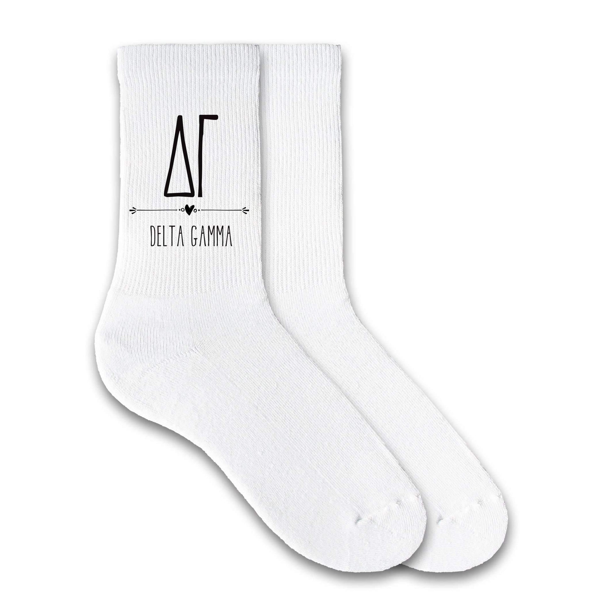 Delta Gamma sorority letters and name custom printed on cotton crew socks available in white, pink, or heather gray