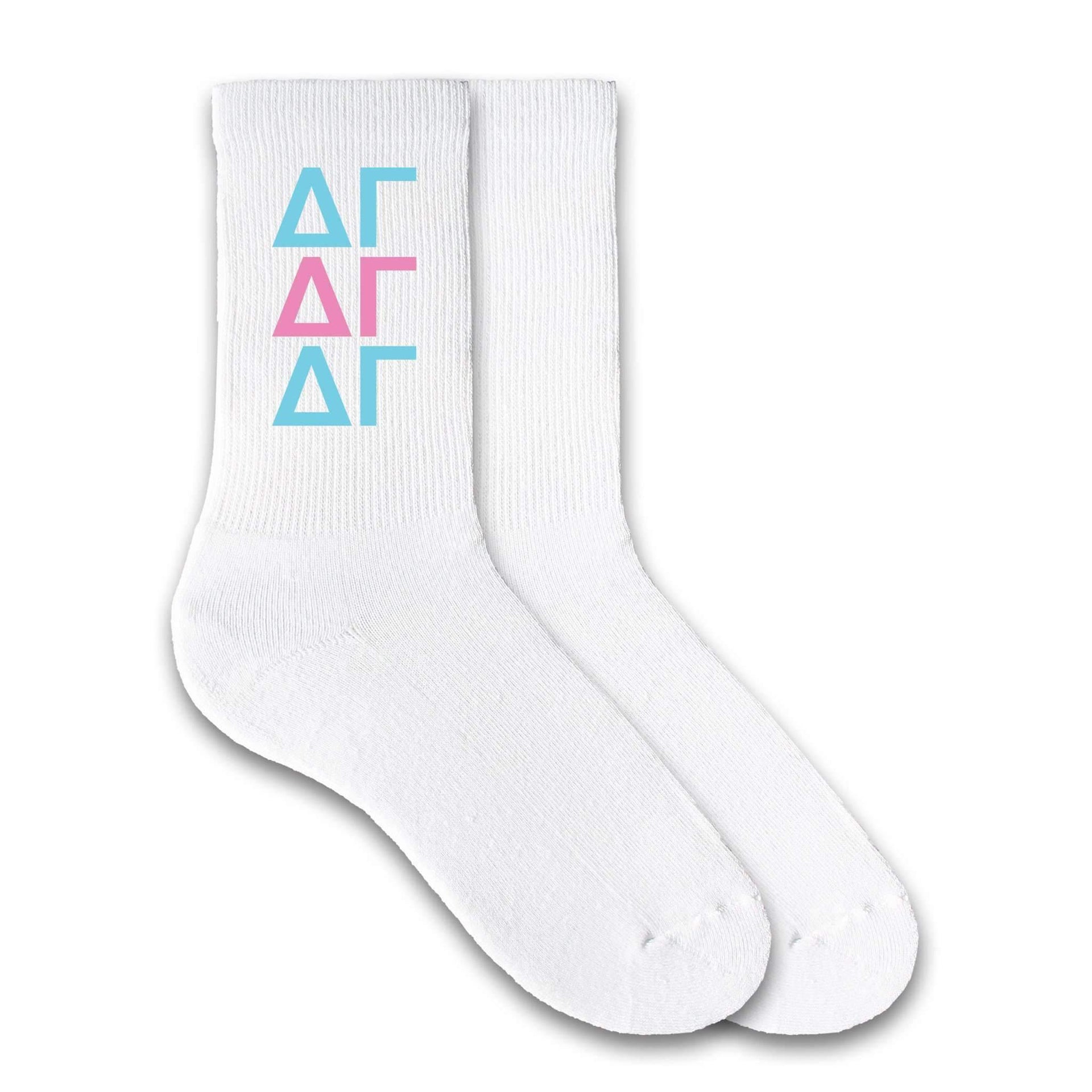 Delta Gamma sorority letters custom printed on white cotton crew socks