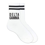 Delta Gamma sorority name custom printed on striped crew socks