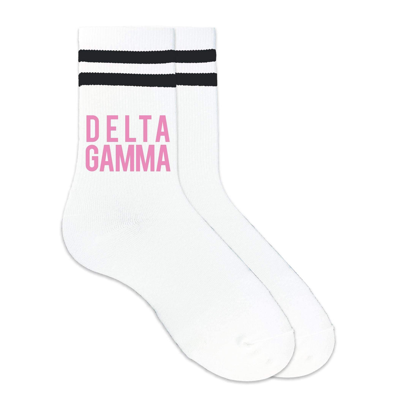 Delta Gamma sorority name custom printed in sorority colors on black striped crew socks