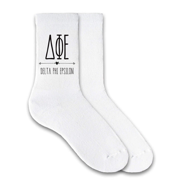 Delta Phi Epsilon sorority letters and name custom printed on cotton crew socks available in white, pink, or heather gray