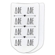 Delta Phi Epsilon sorority letters custom printed in repeat boho design on white cotton no show socks