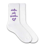 Delta Phi Epsilon sorority name and heart design custom printed on white cotton crew socks