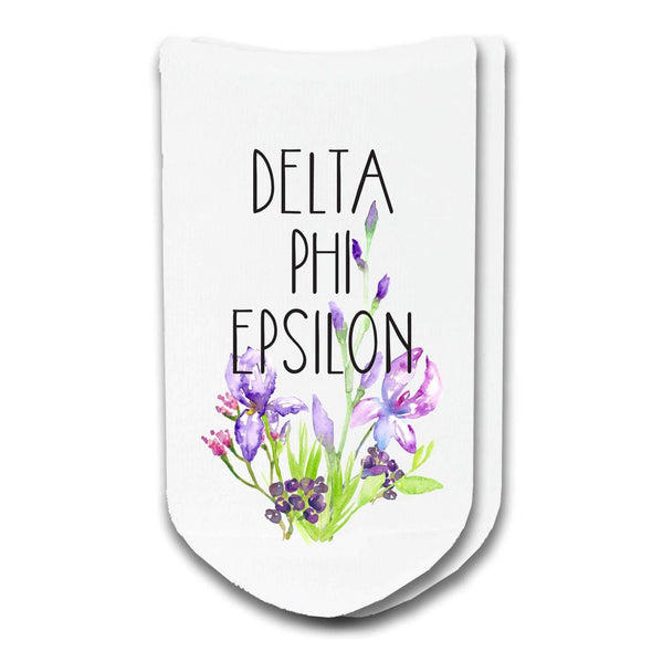 Delta Phi Epsilon sorority name and floral design custom printed on white cotton no show socks