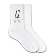 Delta Zeta sorority name and letters custom printed on white cotton crew socks