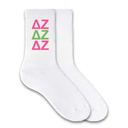 Delta Zeta sorority letters custom printed on white cotton crew socks