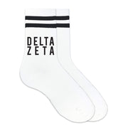 Delta Zeta sorority name custom printed on black striped crew socks
