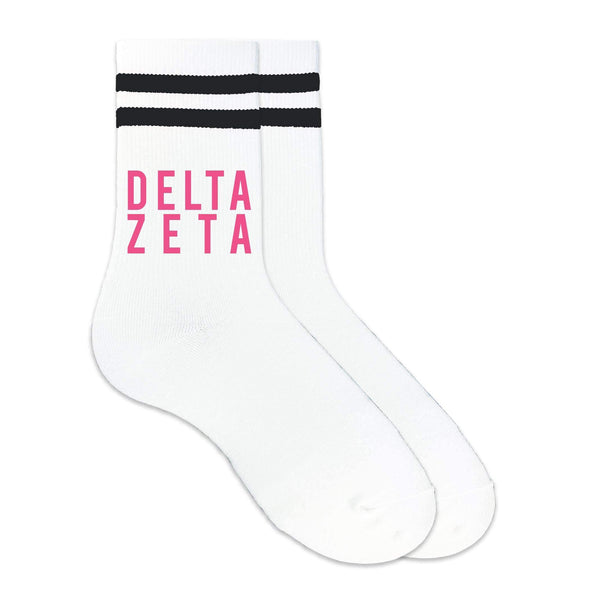 Delta Zeta sorority name custom printed in sorority color on black striped crew socks