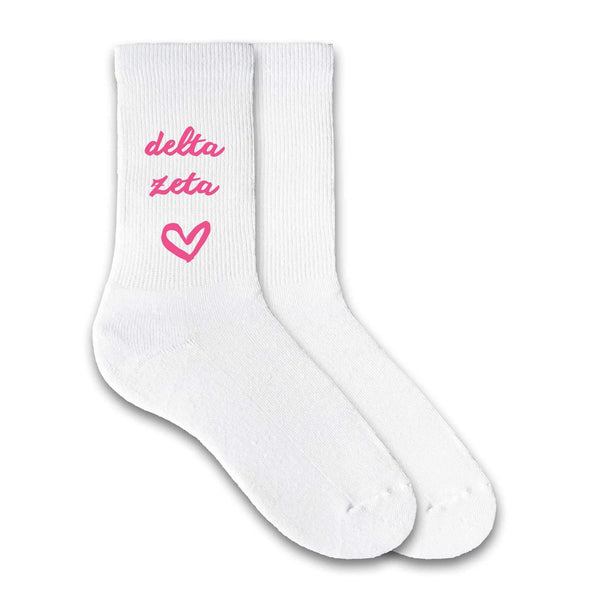 Delta Zeta sorority name and heart design custom printed on white cotton crew socks
