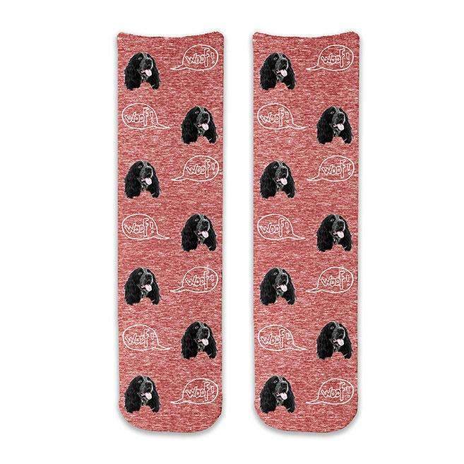 Cute dog face photo socks custom printed on red granular background and personalized using your own photo faces cropped in and printed all over the cotton crew socks make a unique gift idea.