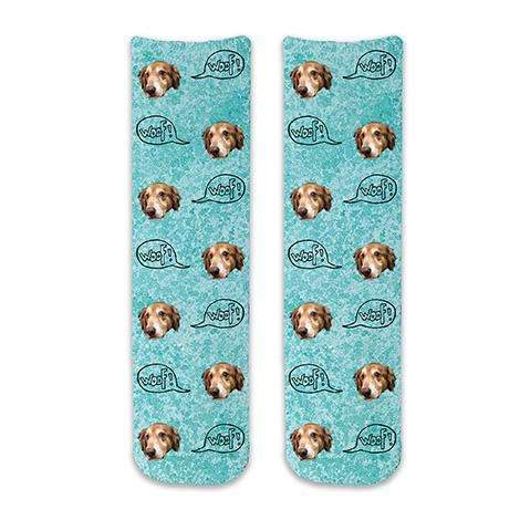 Cute dog face photo socks custom printed on turquoise granular background and personalized using your own photo faces cropped in and printed all over the cotton crew socks make a unique gift idea.