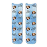 Cute cotton crew socks digitally printed blue wash background with dog photo faces and the text woof in all over design on cotton crew socks makes a unique gift.