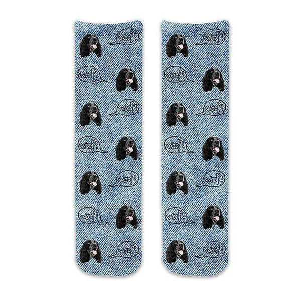 Cool cotton crew socks custom printed with dog photos and the text woof in all over design on a blue denim background personalized using your own photo cropped and printed on the socks.