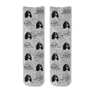 Dog face photo socks personalized using your own photo with woof digitally printed all over with a gray speckle background on cotton crew socks.
