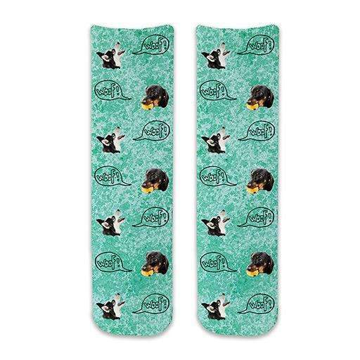 Cute dog face photo socks custom printed on turquoise wash background and personalized using your own photo faces cropped in and printed all over the cotton crew socks make a unique gift idea.