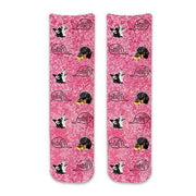 Cute dog face photo socks custom printed on pink granular wash background and personalized using your own photo faces cropped in and printed all over the cotton crew socks make a a great pair of socks to wear in support of breast cancer awareness!
