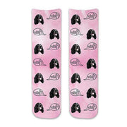 Cute dog face photo socks custom printed on pink wash background and personalized using your own photo faces cropped in and printed all over the cotton crew socks make a unique gift idea.