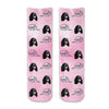 Cute dog face photo socks custom printed on pink wash background and personalized using your own photo faces cropped in and printed all over the cotton crew socks make a unique gift idea.