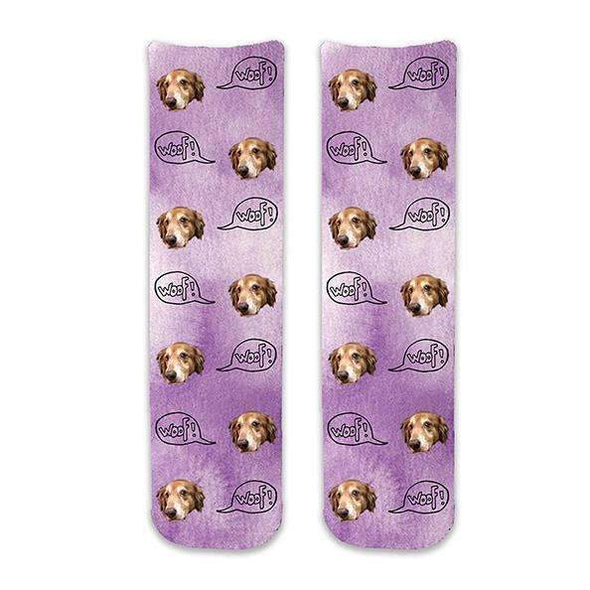 Cute dog face photo socks custom printed on purple wash background and personalized using your own photo faces cropped in and printed all over the cotton crew socks make a unique gift idea.