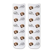 Cute dog face photo socks custom printed on white background and personalized using your own photo faces cropped in and printed all over the cotton crew socks make a unique gift idea.