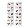 Cute dog face photo socks custom printed on white background and personalized using your own photo faces cropped in and printed all over the cotton crew socks make a unique gift idea.