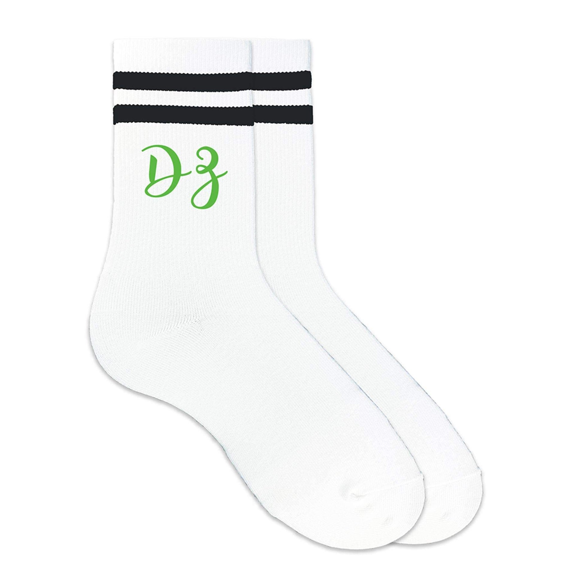 Delta Zeta sorority nickname in sorority color custom printed on striped crew socks