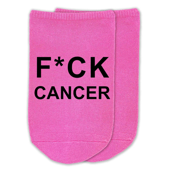 Fuck cancer custom printed on fuchsia no show socks.