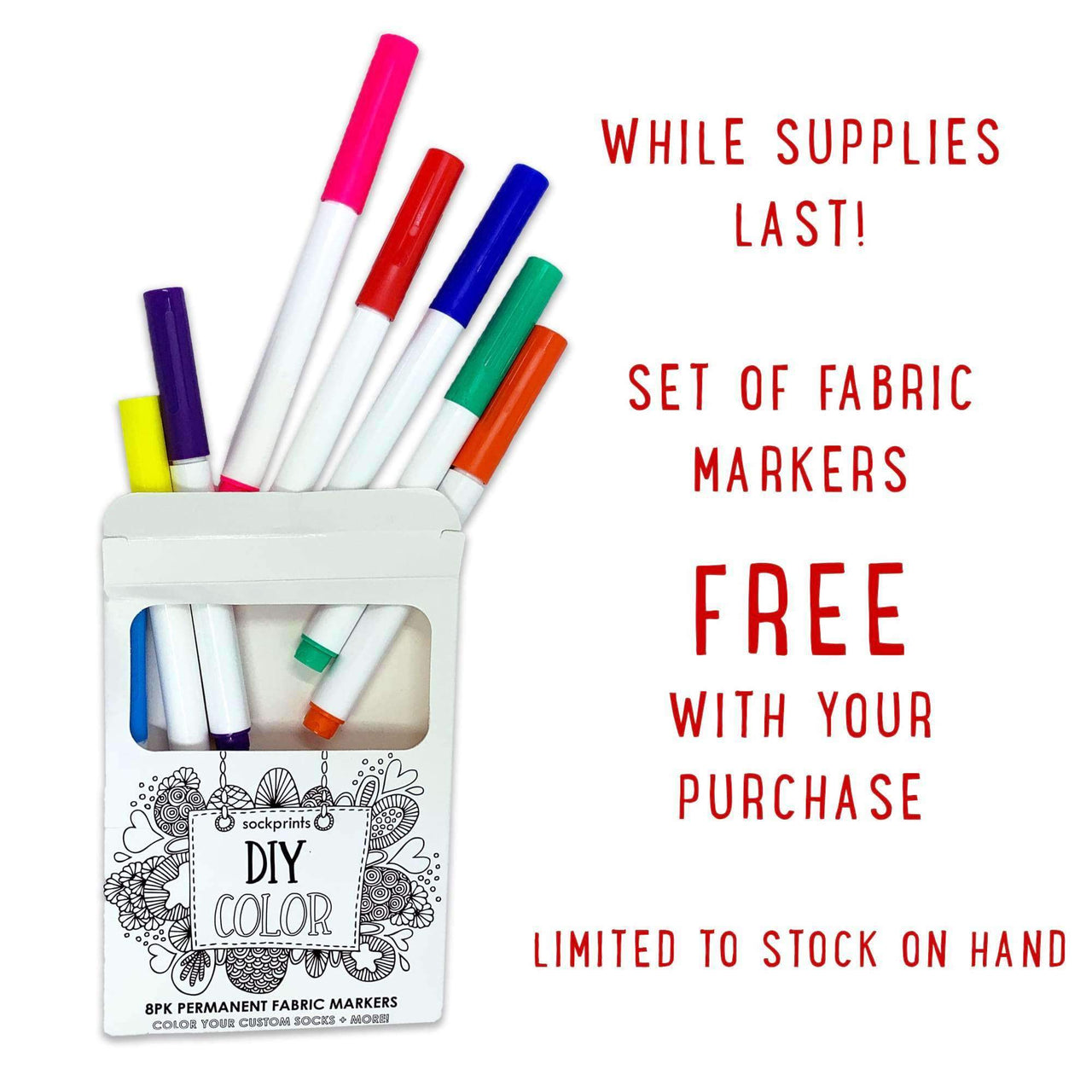 Fabric markers included with purchase of floral heart design on full print crew socks.